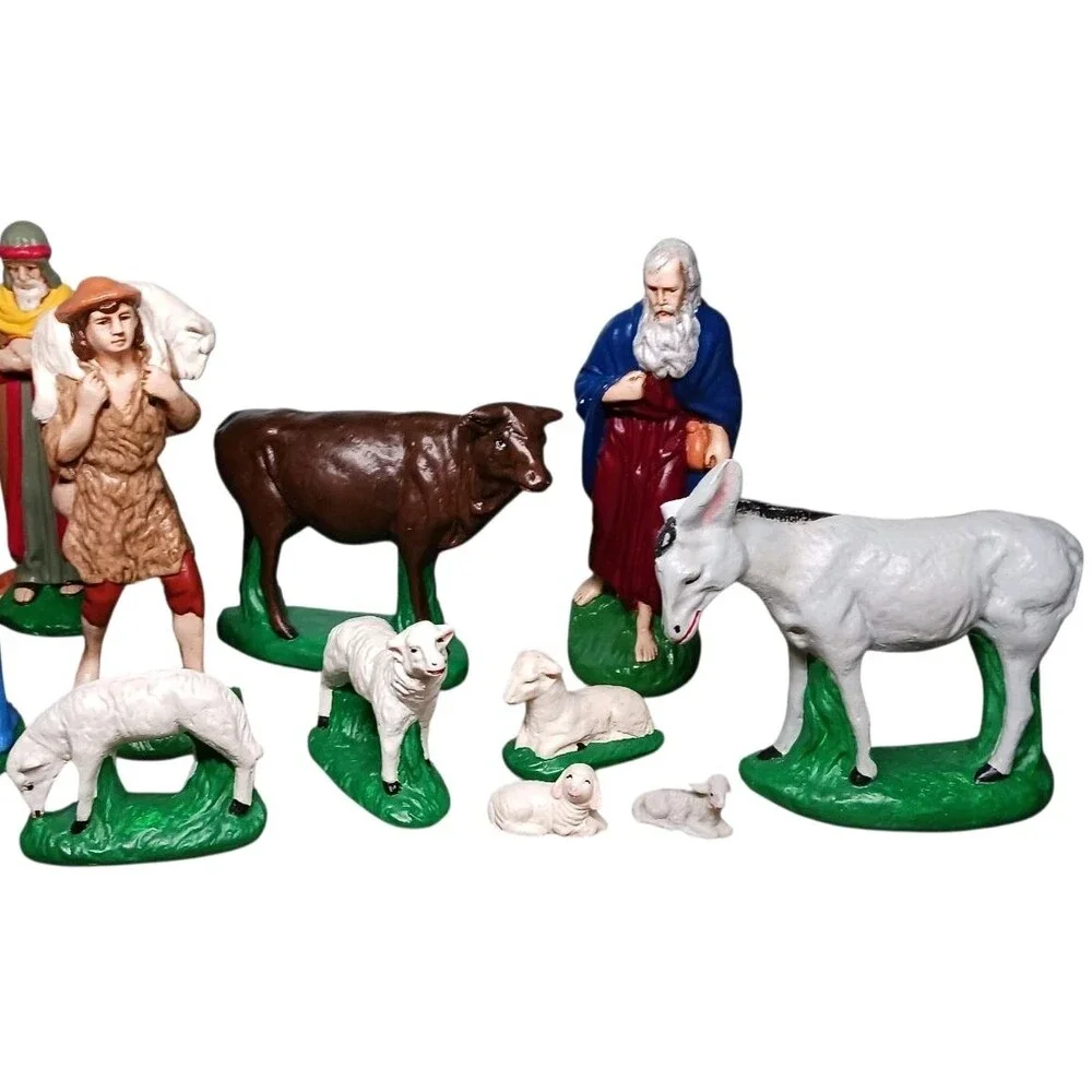 Vintage Nativity Set 18 Piece Solid Chalkware Plaster Hand Painted Manger Scene